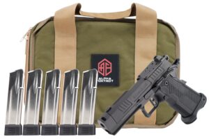Alpha Foxtrot AF1911 Romulus Promo Compact 9mm pistol with black DLC slide and threaded compensated barrel