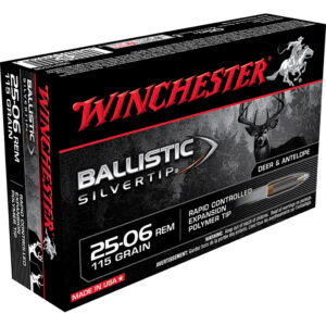 Box of Winchester Ballistic Silvertip 25-06 Remington 115 grain ammunition with silver-tipped polymer bullets