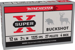 Box of Winchester Super-X 12 Gauge 2.75 inch #4 Buck shotshells with 27 lead pellets