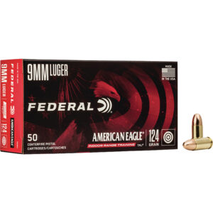 Box of Federal American Eagle 124gr TMJ 9mm ammo, 50 rounds with yellow branding
