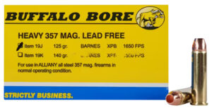 Box of Buffalo Bore 357 Magnum 125gr Barnes VOR-TX XPB lead-free ammunition with brass cartridges