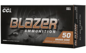 Box of CCI Blazer Brass .357 Magnum 158gr FMJ ammunition showing 50 brass cartridges