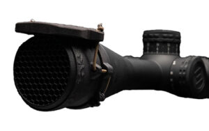 One Hundred Concepts ScopeCap Pro 53mm black flip-up scope cover with hexagonal kill flash lattice
