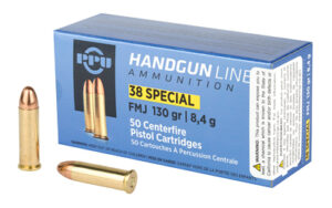 Box of PPU .38 Special 130 grain FMJ brass cased handgun ammunition, 50 round count
