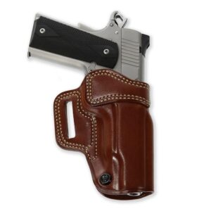 Tan leather Galco Avenger belt holster with reinforced mouth, right-hand carry for Kimber 1911
