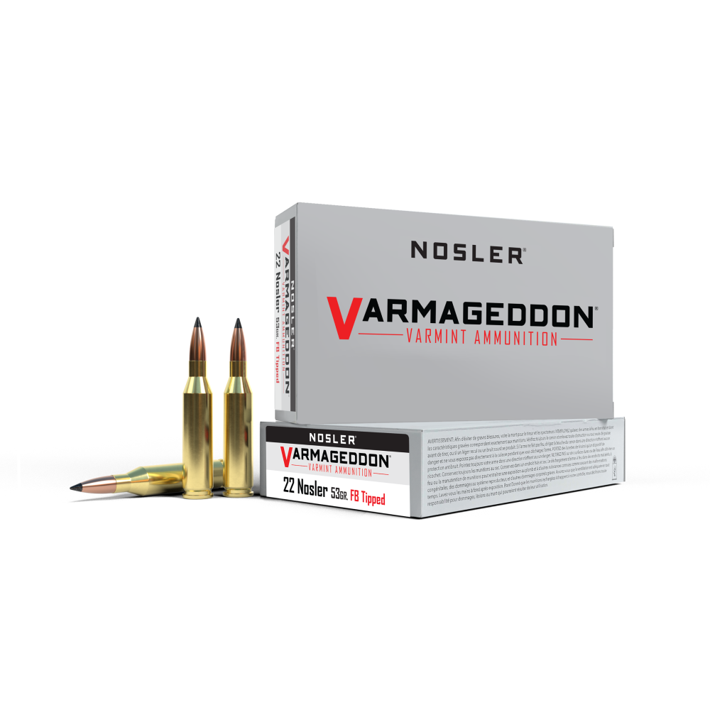 Box of Nosler Varmageddon 22 Nosler 53gr FB Tipped rifle ammunition, 20 rounds with brass casings and polymer tip bullets