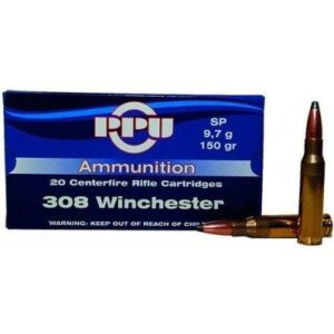 Box of PPU .308 Win 150 grain soft point rifle ammunition showing 20 brass cartridges