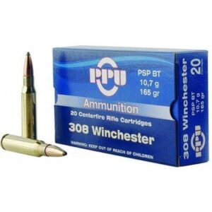 Box of PPU .308 Win 165 gr PSPBT rifle ammunition with 20 brass cartridges
