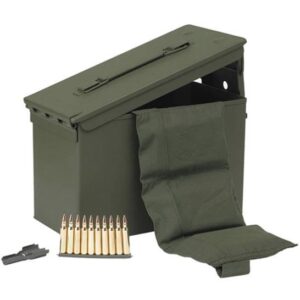 Two olive drab M2A1 metal ammo cans of PMC Bronze .223 Rem 55gr FMJ ammunition with bandoleers