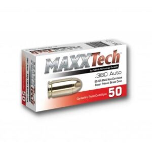 Box of Maxxtech .380 ACP 95 grain FMJ brass case ammunition, 50 rounds