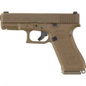 Glock G19X V 9mm pistol in Coyote FDE finish with night sights, right side profile
