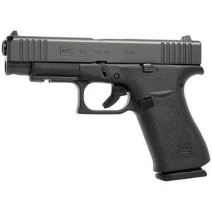 Glock 48 9mm pistol with front rail and black slide, right side view
