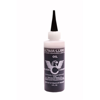 Brown squeeze bottle of Wilson Combat Ultima-Lube II gun oil, 4 oz size, with printed label