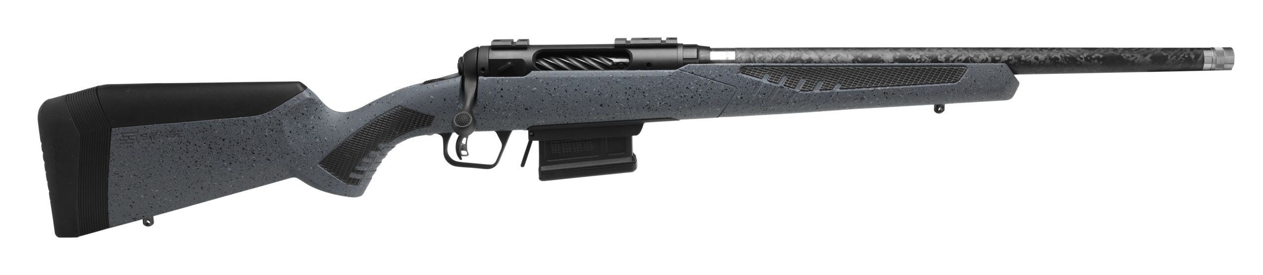 Savage 110 Carbon Predator .308 Winchester bolt action rifle with matte black carbon fiber barrel and granite textured stock