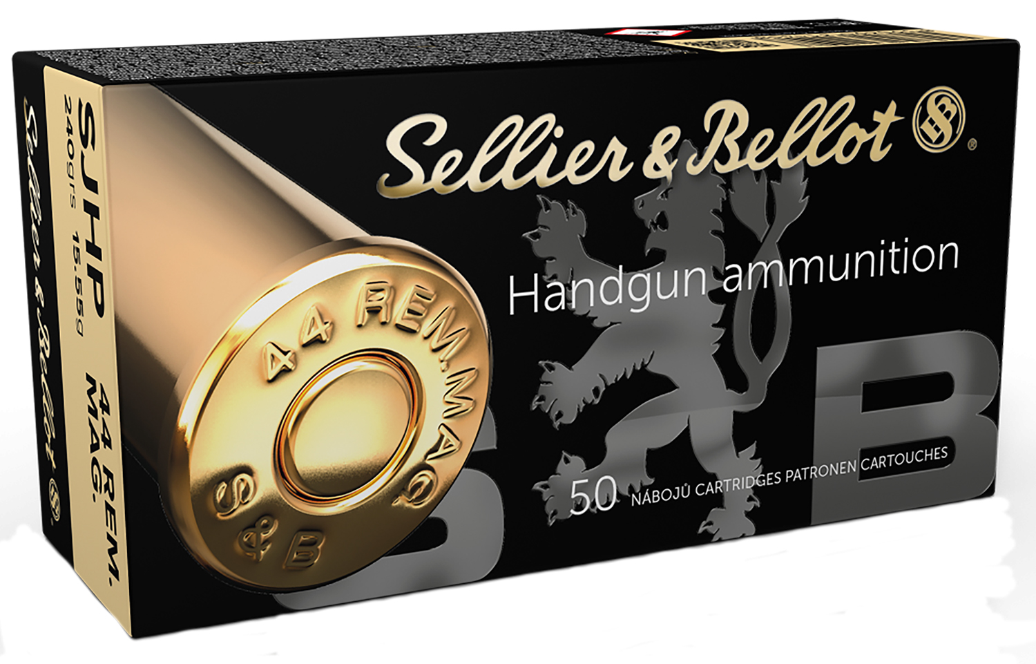 Box of Sellier & Bellot .44 Magnum 240 grain semi-jacketed hollow point ammunition