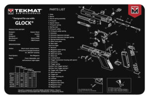 TekMat Glock cleaning mat in black with white exploded parts diagram, 11 by 17 inches