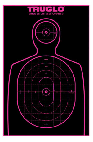TruGlo Tru-See 12x18 black and pink silhouette handgun target 12 pack with fluorescent halo hits