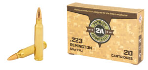 Box of Patriot Sports .223 Remington 55-grain FMJ ammunition with brass cartridges