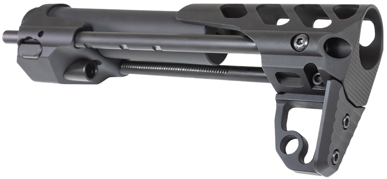 Odin Works CQ-S black aluminum compact AR-15 stock, fully collapsed position