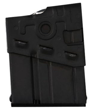 Black aluminum PTR 91 10 round 7.62x51mm magazine standing upright on white background