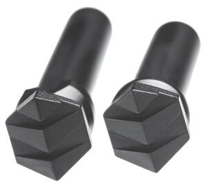 Black anodized Tyrant CNC AR-15 takedown pins with chevron textured heads on white background