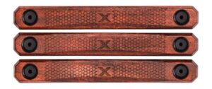 Set of three checkered American walnut Woox M-LOK rail covers with dark bushings, 3-slot length