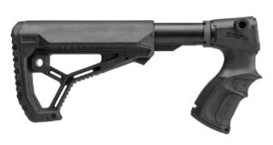 Black FAB Defense M4 collapsible buttstock and pistol grip installed on a Remington 870 shotgun receiver