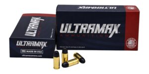 Box of Ultramax 9mm 180 grain HTJHC subsonic ammunition with brass cartridges shown beside it