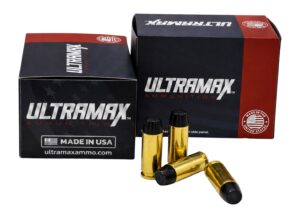 Box of Ultramax 10mm Auto 240 grain HTJHC ammunition with brass cased rounds displayed
