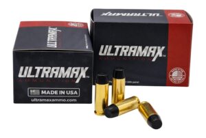 ULTRAMAX 45 Colt 325 grain HTJHC ammunition box with twenty rounds