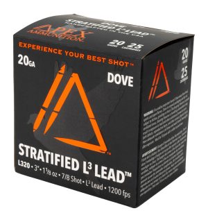 Box of Apex Element Dove Stratified 20 gauge 3 inch shotgun shells with yellow hull