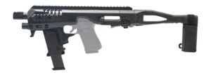Black Micro Roni Gen 4 stabilizer brace conversion kit for CZ P10 handgun shown with rail mounted optics