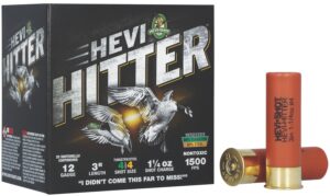 Box of HEVI-HITTER 12 gauge shotgun shells with tungsten steel blend