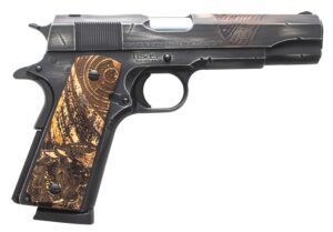 Tisas 1911 Viking 45 ACP pistol with engraved slide, multi-color Cerakote, and carved wood grips