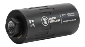 Silent Steel Micro Streamer 5.56 suppressor in black Cerakote with compact cylindrical body