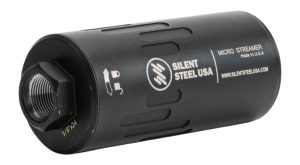 Silent Steel Micro Streamer 7.62x51 suppressor in black Cerakote, compact cylindrical stainless can