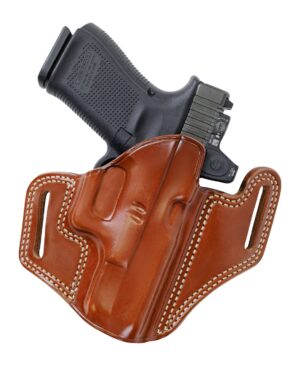 Galco Combat Master 2.0 tan steerhide OWB belt holster for Glock 48 with optic cutaway