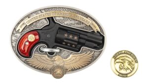 NAA 250th Anniversary 22 LR Mini Revolver in ornate bronze and silver belt buckle