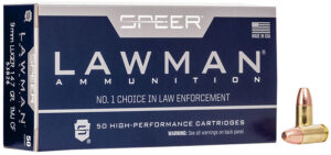 Box of Speer Lawman Clean-Fire 9mm Luger 147gr TMJ flat nose ammunition, 50 rounds