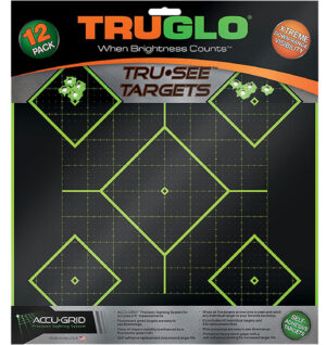 TruGlo Tru-See 5-Diamond splatter target 12x12 with black diamonds on fluorescent green paper
