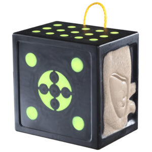 Rinehart RhinoBlock XL cube archery target with 3D deer vitals and high-visibility aiming dots