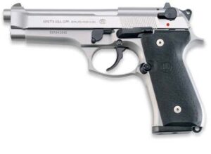 Beretta 92FS Inox 9mm pistol with satin stainless slide and black rubber grips on white background