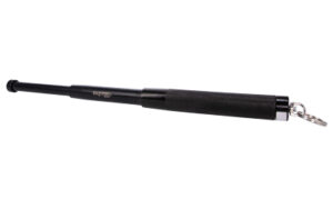 Cold Steel 12-inch expandable steel baton in black with ring pommel, shown collapsed and extended