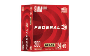 Box of Federal Champion 9mm 124 grain FMJ ammunition containing 200 rounds