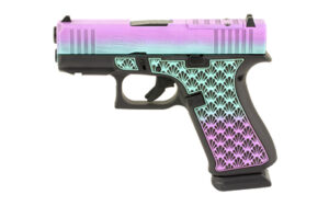 Glock 43X 9mm pistol with custom Island Bug Cerakote finish and stippled frame