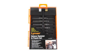 Lyman Deluxe Hammer & Punch Set with brass tapper hammer and steel punches in hardwood block