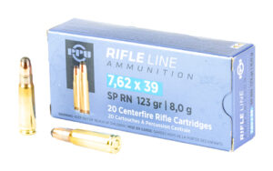 PPU 7.62x39 123 grain soft point ammunition box with brass cartridges displayed