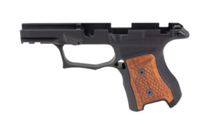 Sharps Bros Gen 3 P365 grip module in black anodized aluminum with Brazilian Cherry wood grip panels