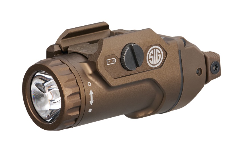 SIG Sauer FOXTROT2R weapon light in Flat Dark Earth mounted on a pistol rail