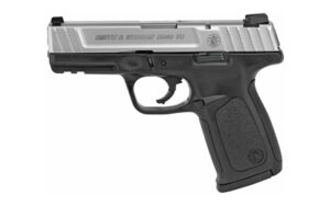 Smith & Wesson SD40 VE two-tone pistol with stainless slide, black polymer grip, and 4 inch barrel